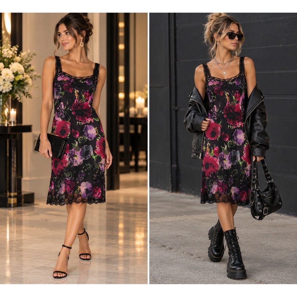 Marc Cain Floral Lace Slip Dress Romantic Feminine Size N5 Medium Wedding Guest